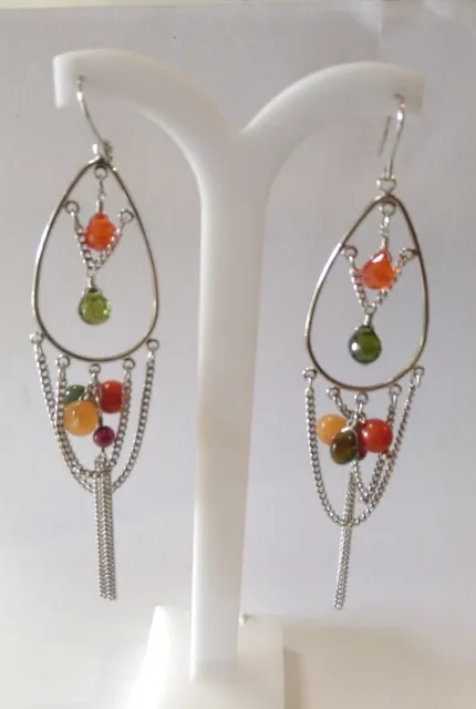 Silver Chandelier Earring With Multi Coloured Semiprecious Stones