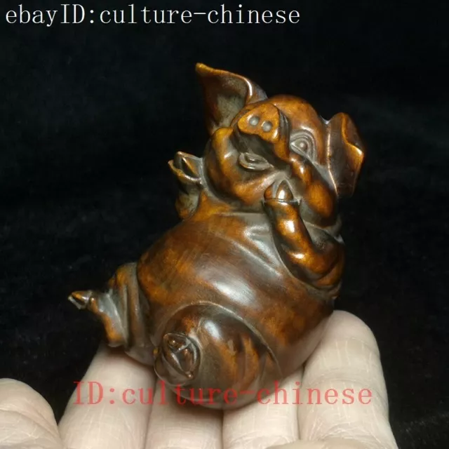 L 6.7CM Old Chinese boxwood hand carved Animal pig Figure statue Gift collection