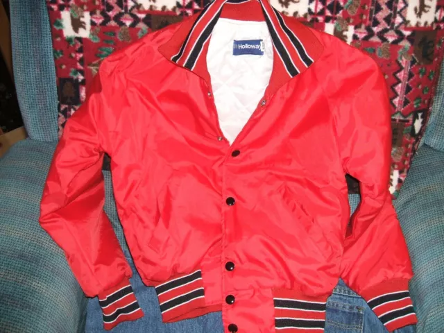 Vintage Holloway Varsity Bomber Jacket Red Made in USA Nylon Satin YOUTH MEDIUM