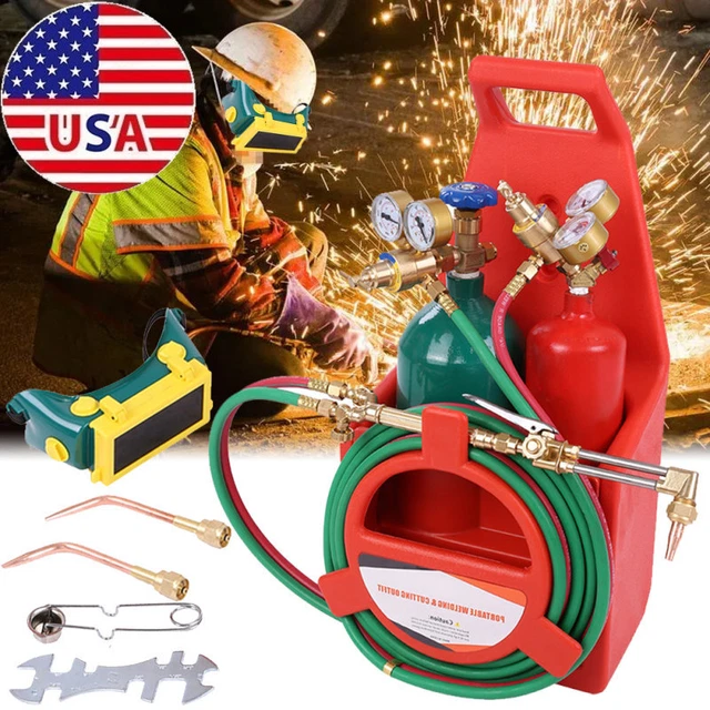 Portable Weld Torch Tank Kit Tote Oxygen Acetylene Cutting Brazing Set w/ Gauges