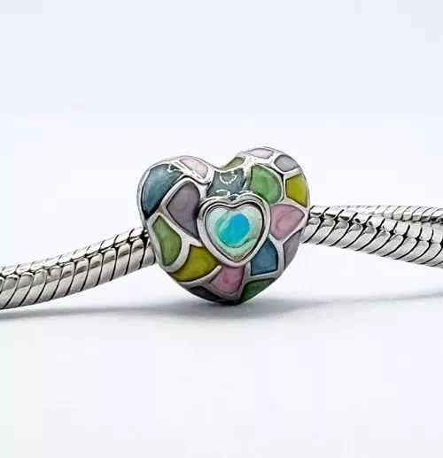 💖 Rainbow Love Heart Charm Stained Glass Window Genuine 925 Sterling Silver 💖