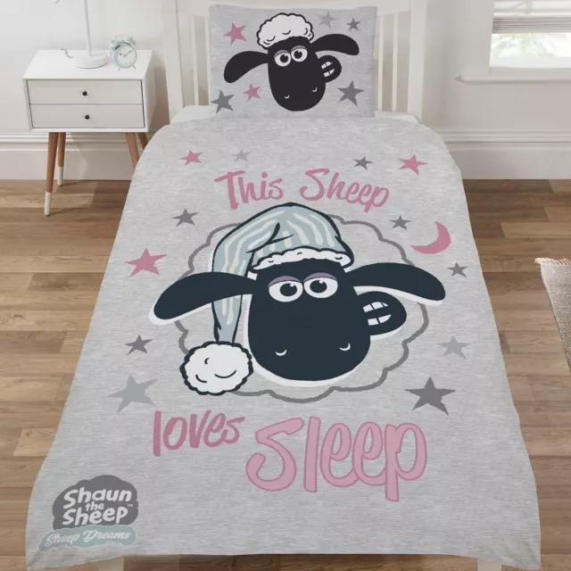 Shaun The Sheep Single Duvet Cover Set Love Sleep Grey Stars - 2 in 1 Design