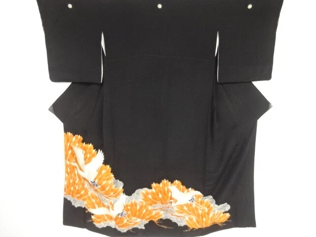 42809# Japanese Kimono / Antique Tomesode / Embroidery / Cranes & Leaves