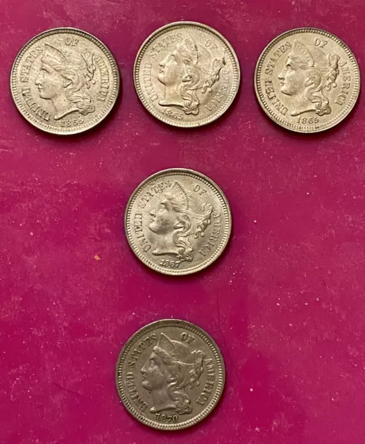 Lot of 5 x Nickel Three Cent Pieces 1865 (3) 1867 (1) & 1870 (1)