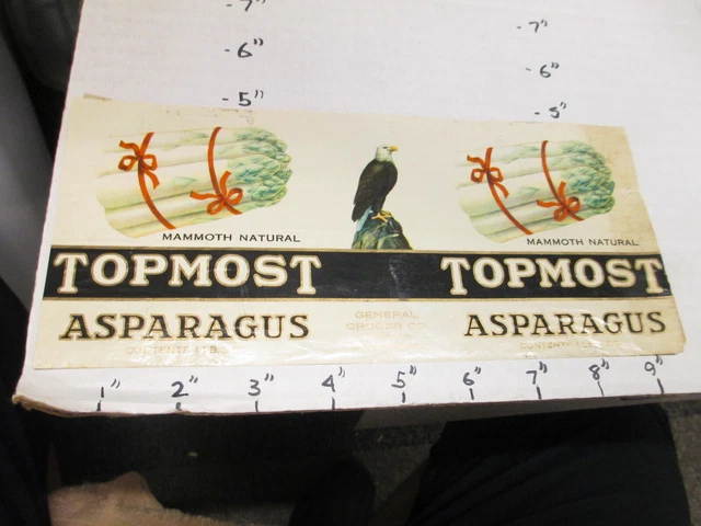TOPMOST asparagus 1930s eagle metal tin can food paper label General Grocer