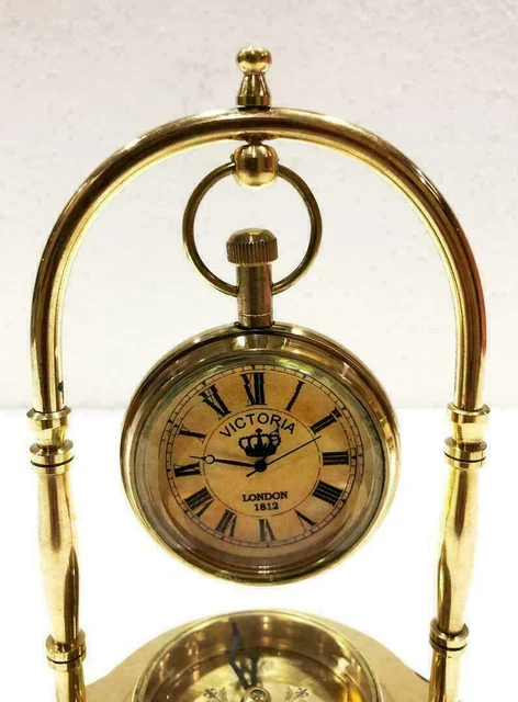 Antik Messing Kompass Stil Nautisch Schiff Holz Base Schreibtisch Uhr Büro Dekor 3
