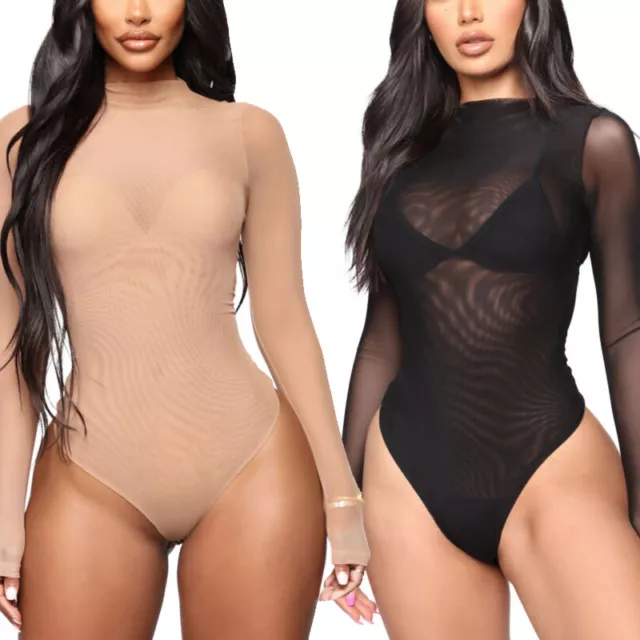 US Women's Bodysuit See-through Sheer Nightwear High Cut Sexy Leotard Lingerie