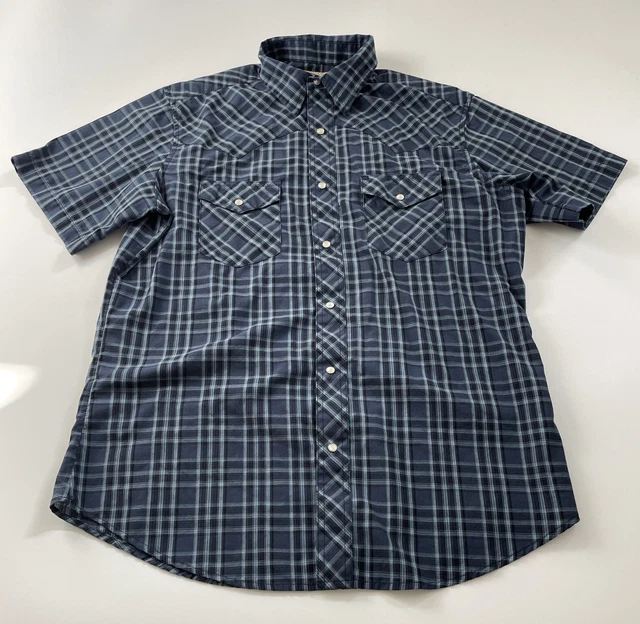 VTG WRANGLER Western Shirt Mens L Plaid Short Sleeve Pearl Snap Ranch Cowboy