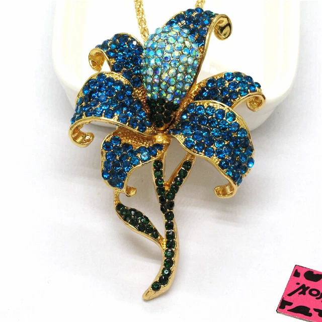 Betsey Johnson Blue Bling Flower Rhinestone Crystal Pendant Chain Necklace