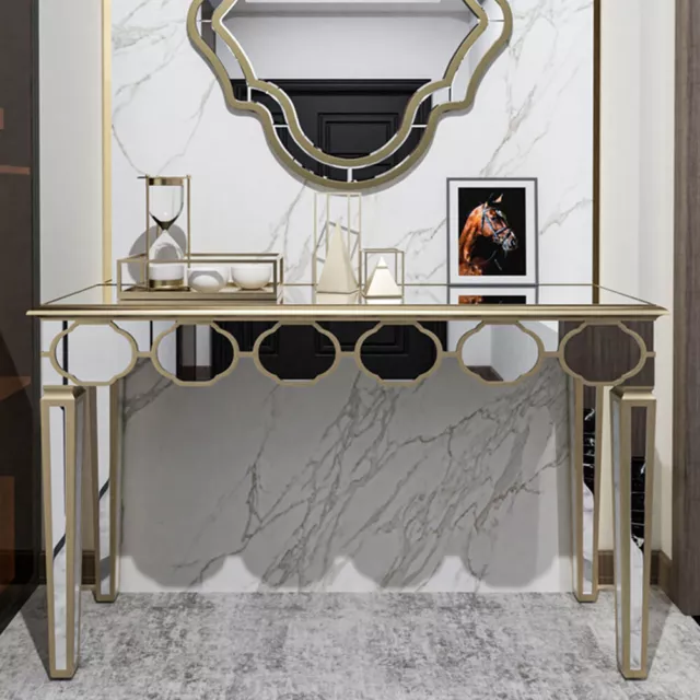 FATIVO Glass Mirrored Console Table Gold Trim Side Bar Table Living Room Hallway