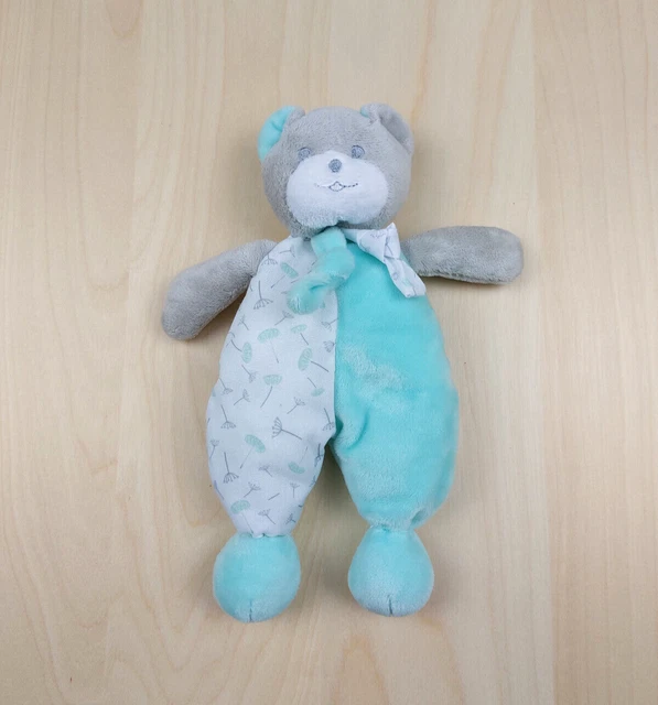 Doudou peluche ours gris MUSTI MUSTELA vert blanc fleur semi plat
