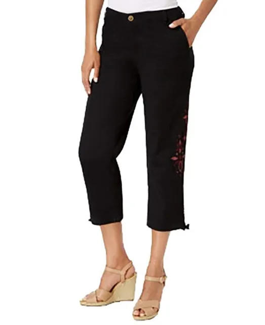 Style & Co. Petite Embroidered Ruched Capri Pants, Deep Black Combo, 4P