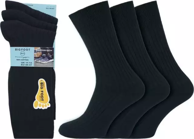 6 PAIRS MENS Big Foot 100% Cotton Ribbed Socks 11-14 Large Size Black ...