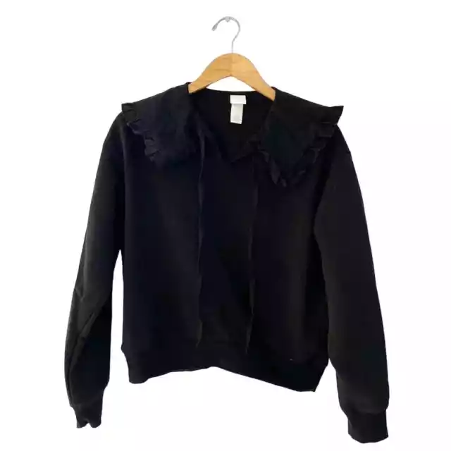 H&M Ruffle Trim Collar Solid Black Sweatshirt Women's Small Drawstring Lounge