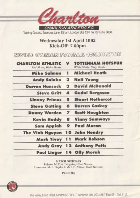 Charlton Ath v Tottenham Hotspur (Spurs) Reserves 1 April 1992 Programme