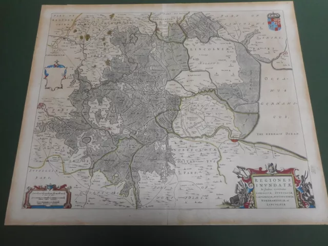 100% Original Large Fens Regional Cambs  Map By J Blaeu C1648 Hand Coloured