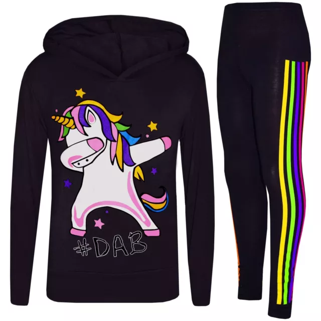 Kids Girls Unicorn Rainbow #Dab Floss Black Top Legging Set Xmas Tracksuit 7-13Y