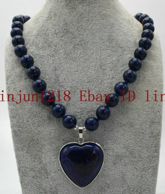 Natural 10mm Blue Lapis Lazuli Round Gemstone Heart Pendant Necklace 18'' AAA