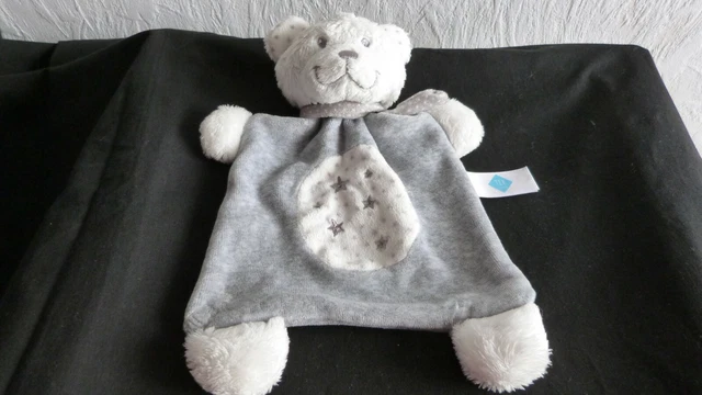 doudou   plat  ours blanc  gris   etoiles     echarpe a pois tex baby