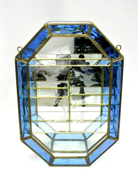 Brass & Mirrored Glass Wall Display Cabinet - Etched Birds Flowers Blue Stained