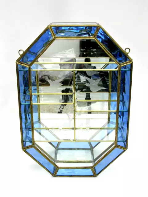 Brass & Mirrored Glass Wall Display Cabinet - Etched Birds Flowers Blue Stained Brass & Mirrored Glass Wall Display Cabinet - Etched Birds Flowers Blue Stained