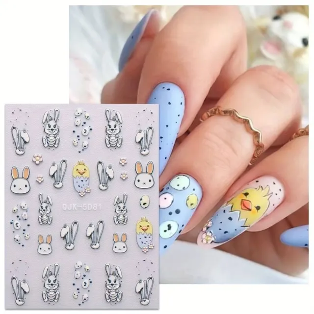 5D Nail Art Aufkleber Aufkleber geprägt Ostern Hase Kaninchen Küken Blumen (Q5D81)