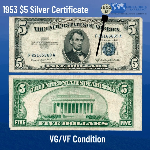 ✯ One RARE 1953 Blue Seal $5 Silver Certificate Note FIVE Dollar Bill Lot Money✯