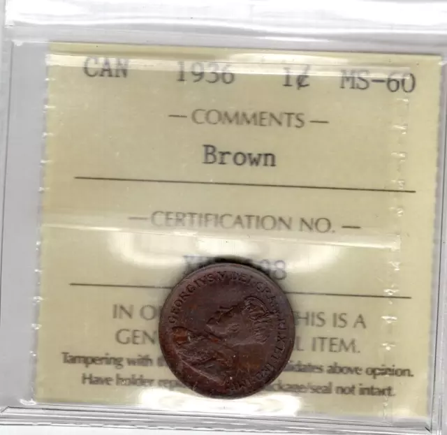 1936 Canada One Cent Coin - ICCS Graded MS-60