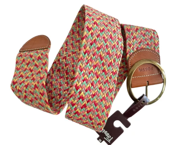 Fossil Colorful Woven Belt Genuine Leather Trim Brass Buckle Boho Womens S NWT