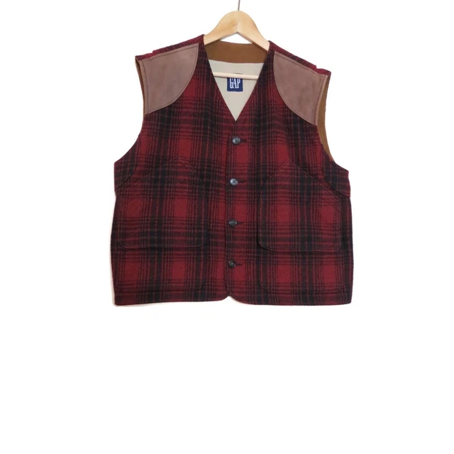 Vintage 90s Gap Red Buffalo Plaid Mackinaw Wool Suede Vest XL L 44
