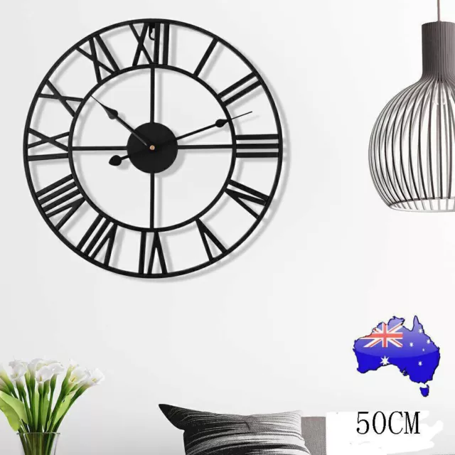 80CM Large Skeleton Metal Roman Wall Clock Big Numerals Giant Open Round Face AU