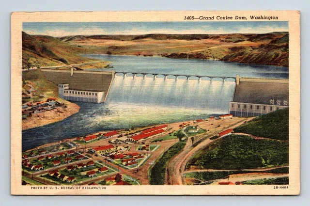 Washington Grand Coulee Dam Scenic Landmark Aerial View Linen Cancel Postcard