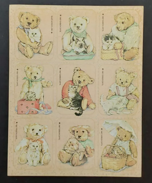 Vintage 1987 Gibson Greetings Sticker Sheet - Cute Teddy Bears With Kittens