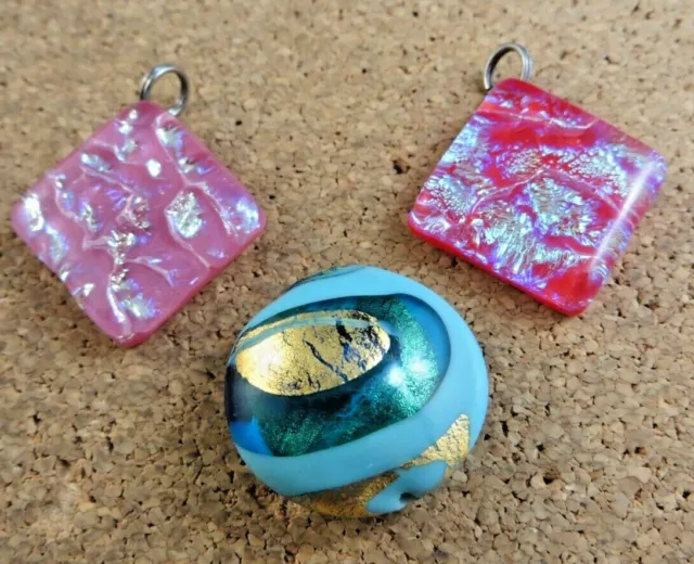 3 Vintage Glitter Glass Focal Loose Bead Pendant Pink Blue Craft Lot #101
