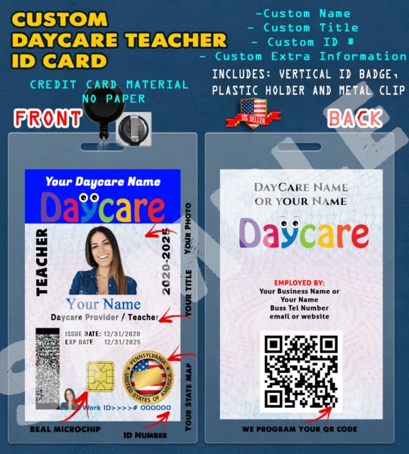 CUSTOM PVC ID Card w/ Clip  CUSTOM Daycare Provider - Teacher ID CARD