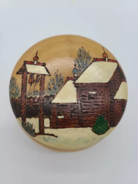 VINTAGE Russian Wooden Folk Art Round Trinket Box Hand Carved Hand Painted