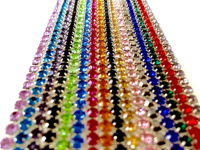 Diamante Rhinestone Crystal Various Colour Chain A++ Quality Silver Base 1 Metre