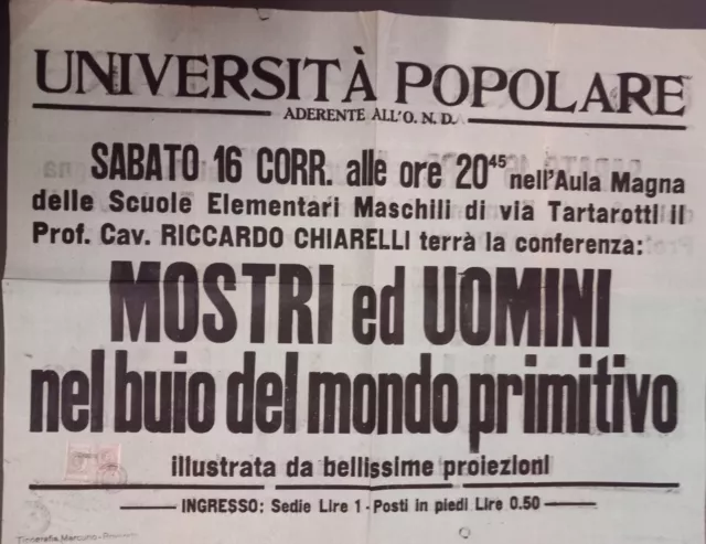 Manifesto Tip. MERCURIO Rovereto 1929, UNIVERSITA' POPOLARE. Prof, R. Chiarelli