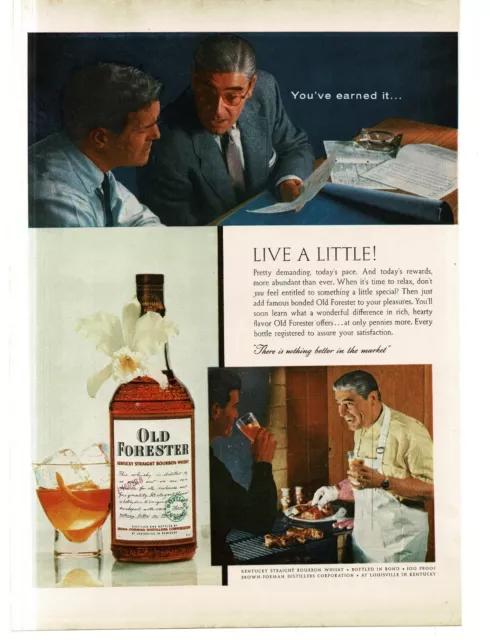 1956 Old Forester Bourbon Whisky relaxing after work cookout Vintage Print Ad