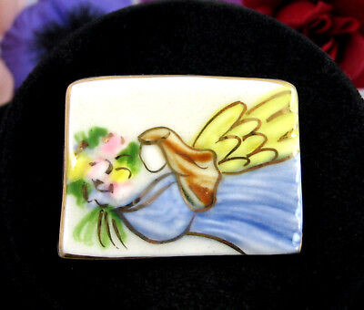 ANGEL with FLOWERS Ceramic BROOCH Vintage Pin Goldtone Accents Hand Crafted