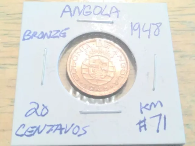 World Coin, Angola, 20 Centavos, 1948, Carded, AU Condition + Bonus Coin