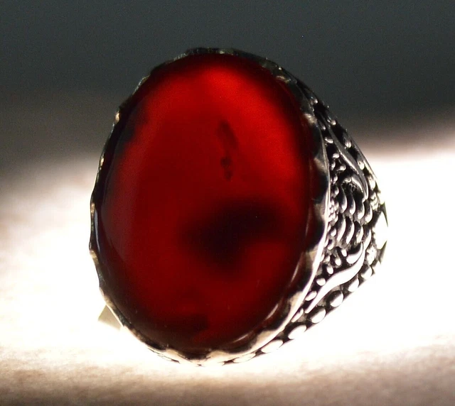 Yemeni Real Dark Red Liver Color Aqeeq Agate Silver Men Ring خاتم عقيق احمر كبدي