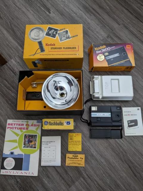 Lote de cámara Kodak de colección disco Kodak 3600 en caja cámara y soporte para flash