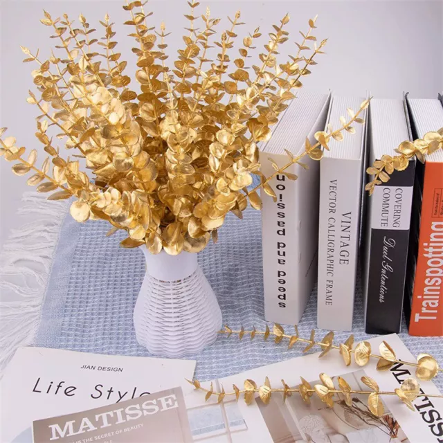 24pcs Golden Eucalyptus Leaf Artificial Green Fake Plant Decoration Supplies