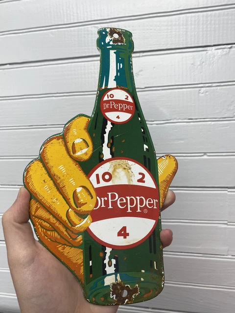 Vintage Porcelain Enamel Dr. Pepper Bottle In Hand Advertising Sign