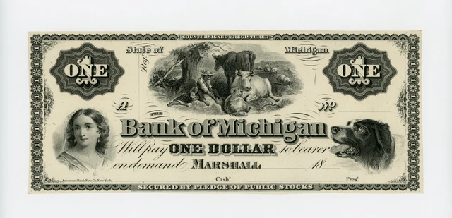 1800's $1 The Bank of MICHIGAN Note - CIVIL WAR Era AU