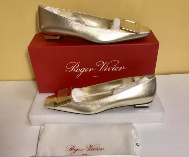 Roger Vivier BELLE GOLD Buckle Metallic Leather Ballet Flats Shoes Size 39 NIB