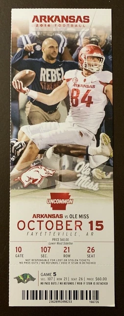 Arkansas Razorbacks 10/15/2016 NCAA football ticket stub vs Ole Miss Rebels
