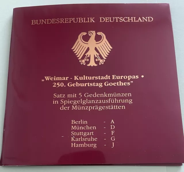 5x 10 DM Gedenkmünzen aus 1999 in PP, Weimar Kulturstadt Europas, Silber