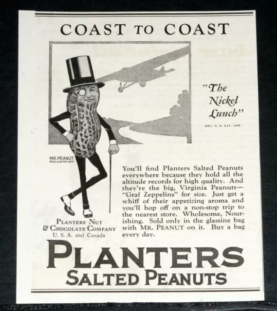 1929 Old Magazine Print Ad, Planters Salted Peanuts, "Nickel Lunch", Mr Peanut!